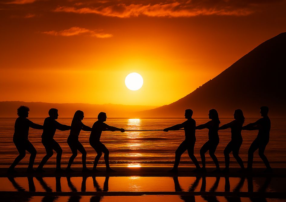 tug of war against a sunset