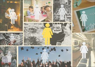 a collage of images of education with a 'woman' siloutte over top 