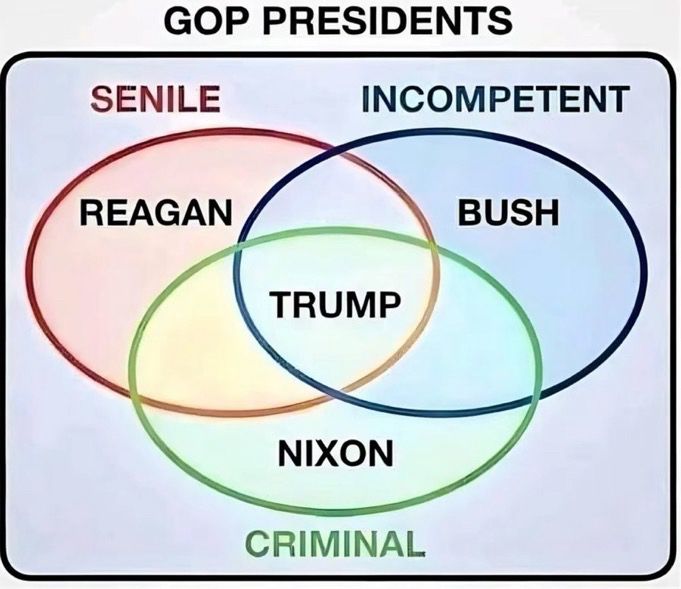 Venn diagram of GOP presidents..Reagan senile, Bush incompetent, Nixon criminal, Trump all three. 