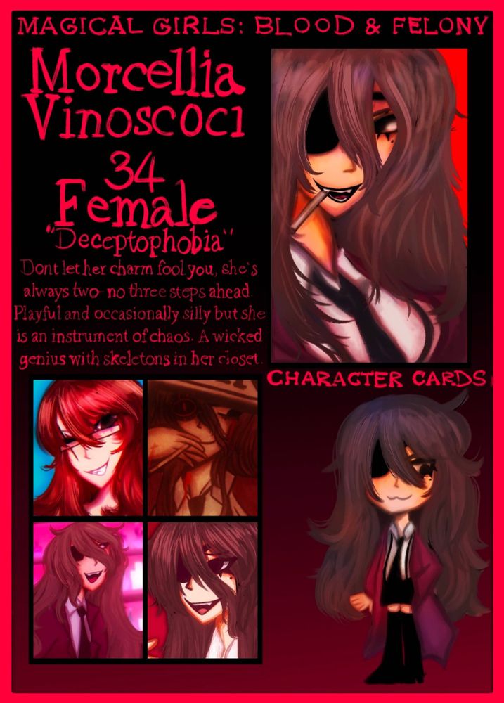 Character from Magical Girls: Blood & Felony, Morcellia. Woman with brown hair and eye patch.