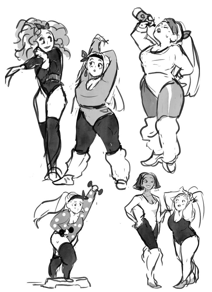 Sample sketches for my pitch- Cathy and friends doing yoga, the hot new craze at the time