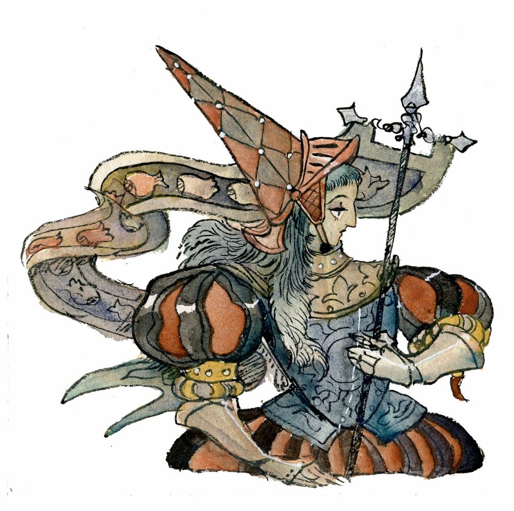 watercolor and ink painting- side profile of a character holding a banner. They are wearing fanciful armor, including a helmet visor attached to a wizard hat.