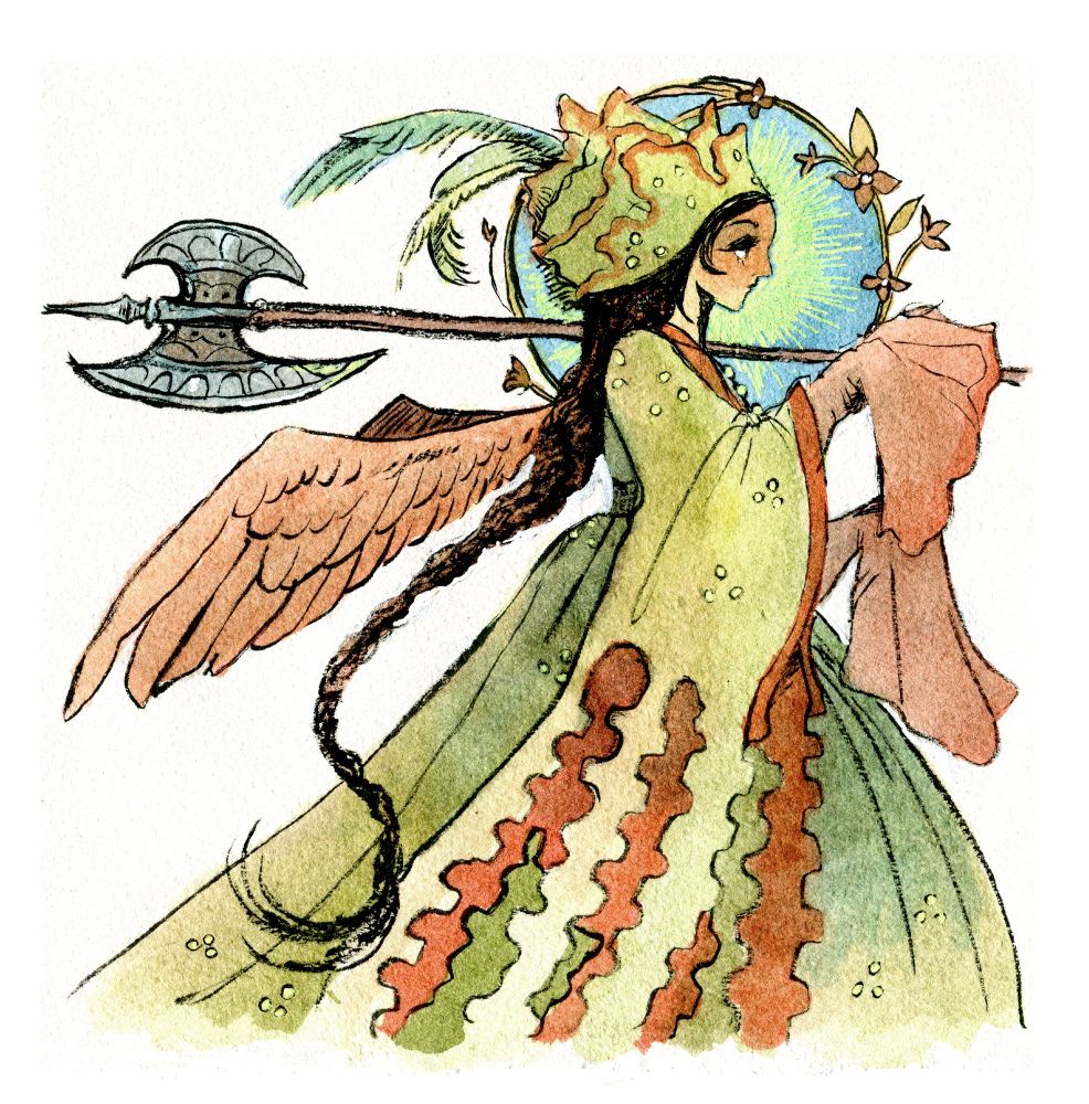 Side profile watercolor painting of a winged woman carrying an axe over her shoulder.