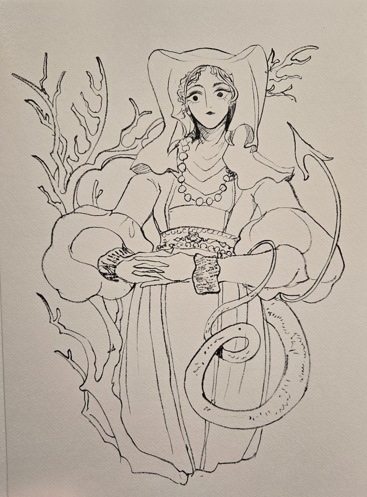 Ink line drawing- a woman in medieval garb stares at the viewer with her hands folded. She has a forked tail that loops around her arm. There is a tree branch framing her.