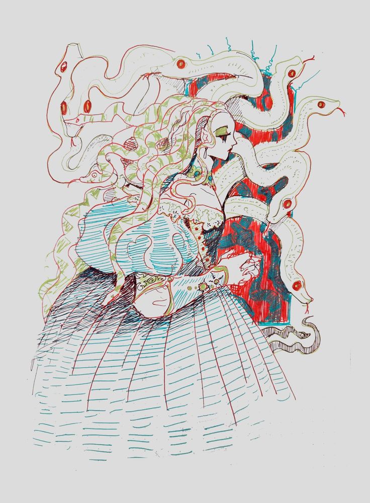 drawing in multicolor ink- a side profile of Medusa in front of a vignette of many snakes.