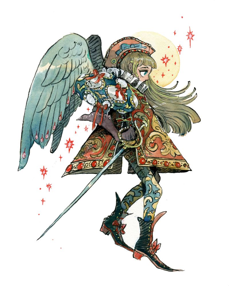 Watercolor and ink painting- side profile of a winged girl holding a sword. She is dressed in a historic(ish) costume with an overall shape that is not dissimilar to musketeer apparel. 