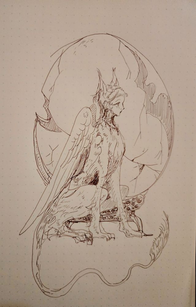 Sketchbook page- a side profile of a sphinx in front of a giant cracked egg on an elegant base.