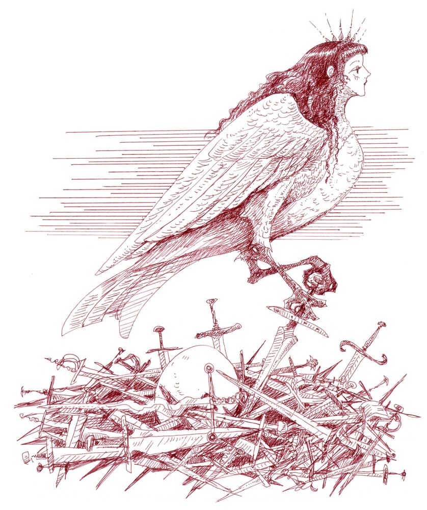 ink drawing- a bird with the head of a woman in profile. She is balanced on the hilt of a sword, one of many which make up a nest around her egg.