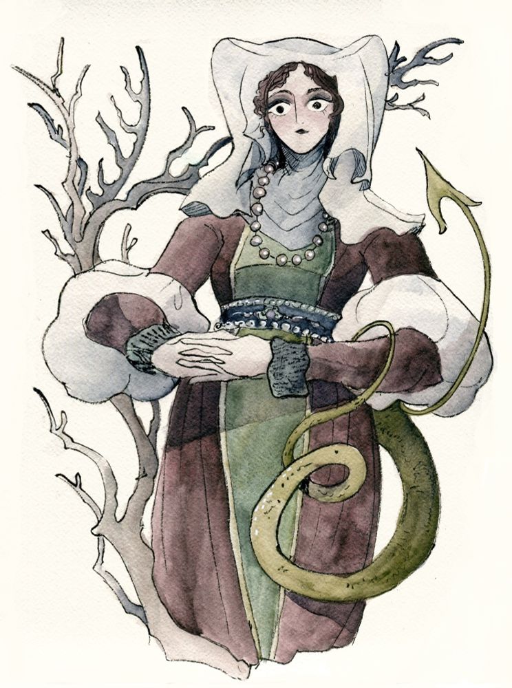 Watercolor and ink painting- a woman in historic garb gazes out at the viewer with folded hands. She has a forked tail that twists around her arm. On her other side, she is framed by a bare tree branch.