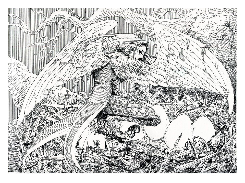 An ink drawing- a half bird woman looks over her shoulder at the viewer, wings spread. She is balanced on a sword hilt, one of many making up a nest.