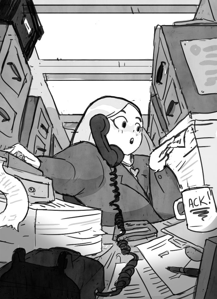 Sample drawing for my pitch: Cathy on the phone at work, looking through a stack of papers and running calculations.