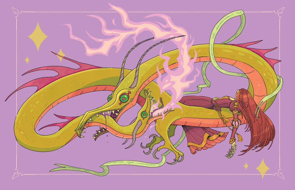 illustration showing a princess holding a crown, draped on the back of a dragon with two heads that is attacking itself. There is a ribbon floating around the scene that reads "ad nauseum", ad nauseum 