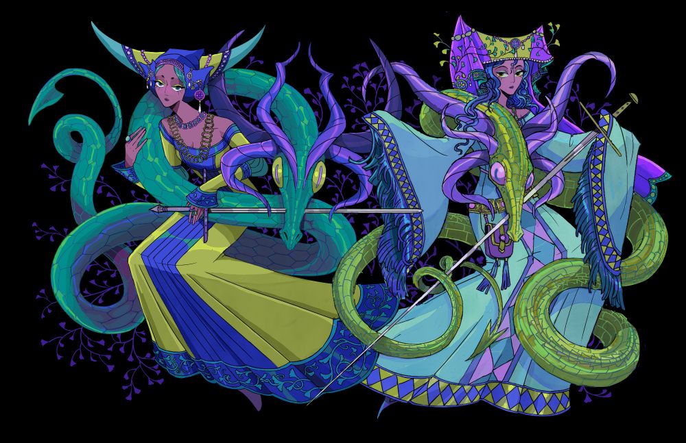 Illustration- 2 women hovering on a black background in medieval garb. Both women have a dragon wrapped around them and are piercing them with swords. The color scheme is blue, green and purple. 