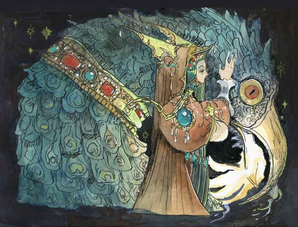 watercolor and ink painting- a woman in profile with a giant bird/monster, also in profile. She has her hand gently on its head and is gazing forward. The bird is breathing fire. The woman and bird are chained together at the collar. They are a vignette sitting on a dark blue background with yellow stars.