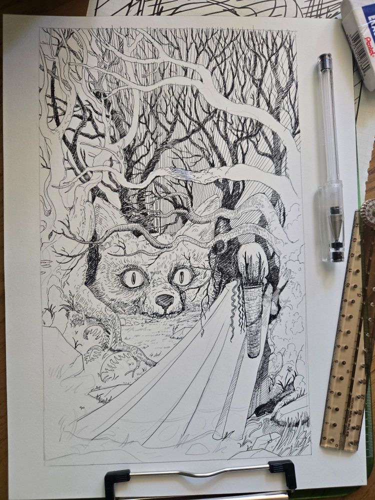 A work in progress ink drawing. The drawing shows a cloaked figure in the foreground with a hand resting on a tree. They are facing away from the viewer, gazing into the forest. A massive head of a wolf-like creature stares out at them from under the branches.