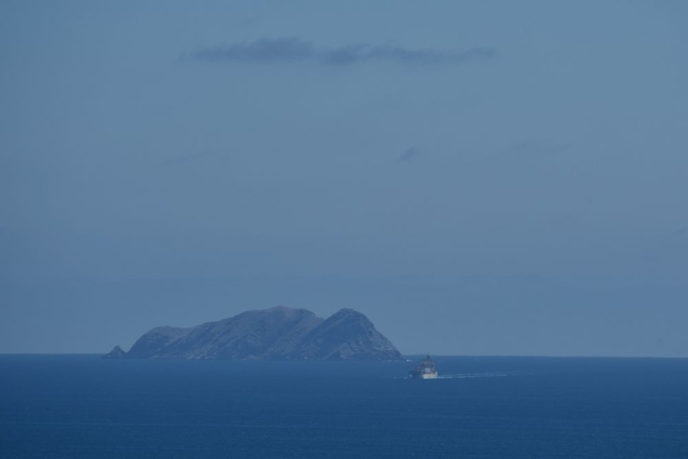 Unfiltered blue sea- and skyscape. The horizon line is low, interrupted by a small, rocky island a few miles off the San Diego coast, in the Mexican Pacific. A small boat motors toward us, a streak of white in its wake. The world is wide, the day long.