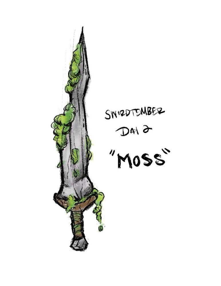 A drawing of a sword stylized to look like a pointed jagged rock covered in various patches of moss