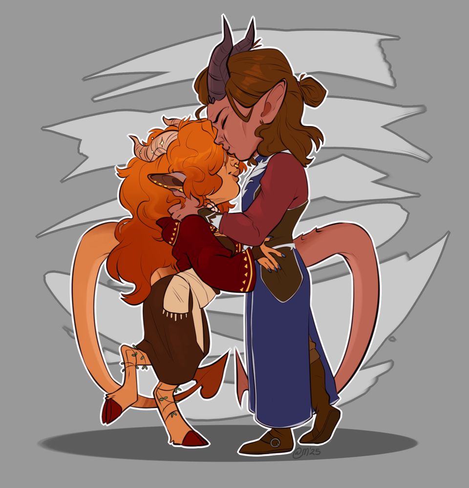 An illustration of two tiefling’s, the characters are Rolan from the game “Baldur’s gate 3” with my personal character Marigold. 