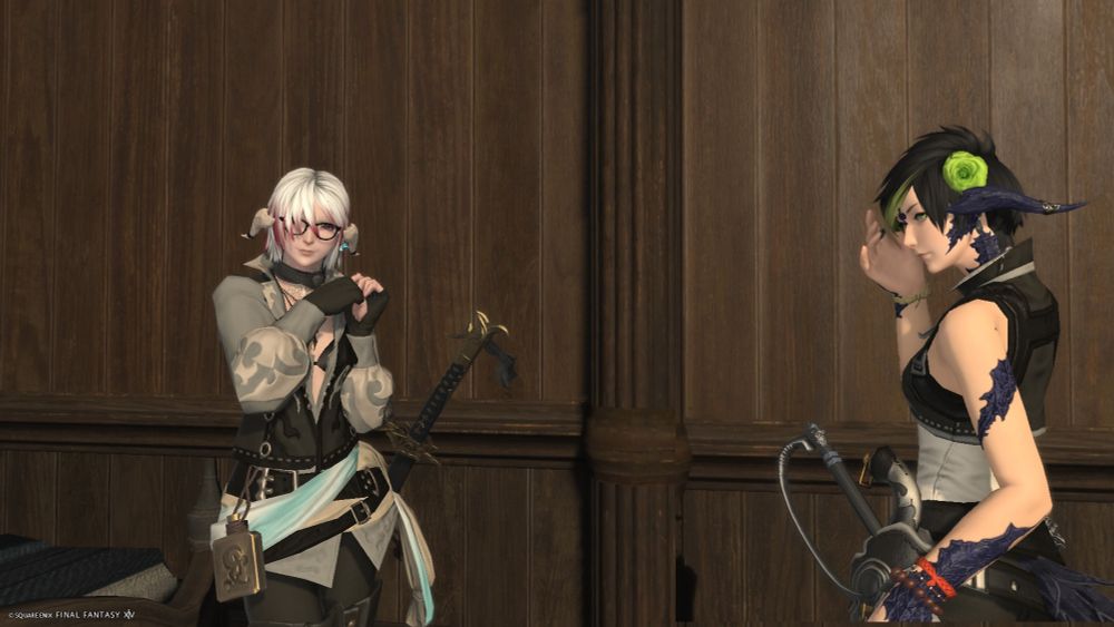 Erika and Lerna in the same room. Erika is on the right, and is smiling happily while Lerna adjusts her hair on the right. 