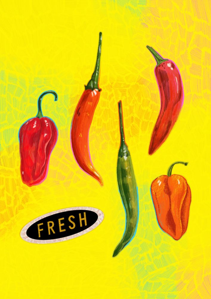 Some chillies that I've drawn, set against a sketchy, yellow background. The sticker design on the bottom left says "fresh" and is an element I try and include in all my food drawings. 
