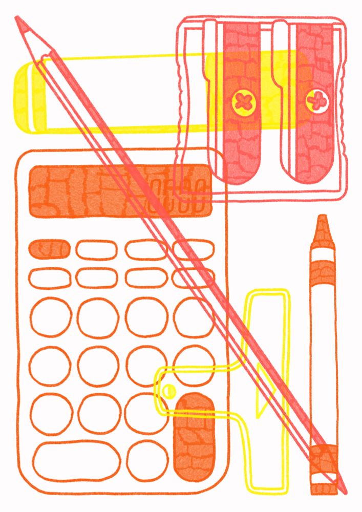 A bright line drawing of stationery items overlapping each other. The illustration features an orange calculator, a red pencil, a yellow eraser, a red double pencil sharpener, and an orange crayon and a yellow binder clip, all arranged on a white background.