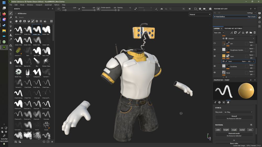 Substance painter screenshot of the work in progress textures for my mercenary character model. What's currently textured includes: Black camo shorts with a big texas buckle, a spot of color on the tactical turtleneck, and a yellow painted night vision device with an attached throat mic and radio. The kevlar vest, pauldrons, and gloves remain untextured.