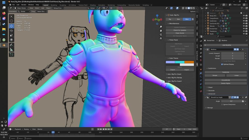 Front view of an anthro dog t-posing, wearing a military vest with a radio antenna sticking out the back