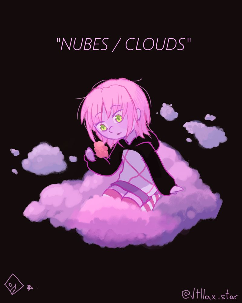 Ilustacion chibi fanart de Amu (Shugo Chara) con tonos rosa azuloso con el texto "Nubes / Clouds", ella está posada sobre una nube, observando curiosamente en su mano una pequeña nube más naranjiza.