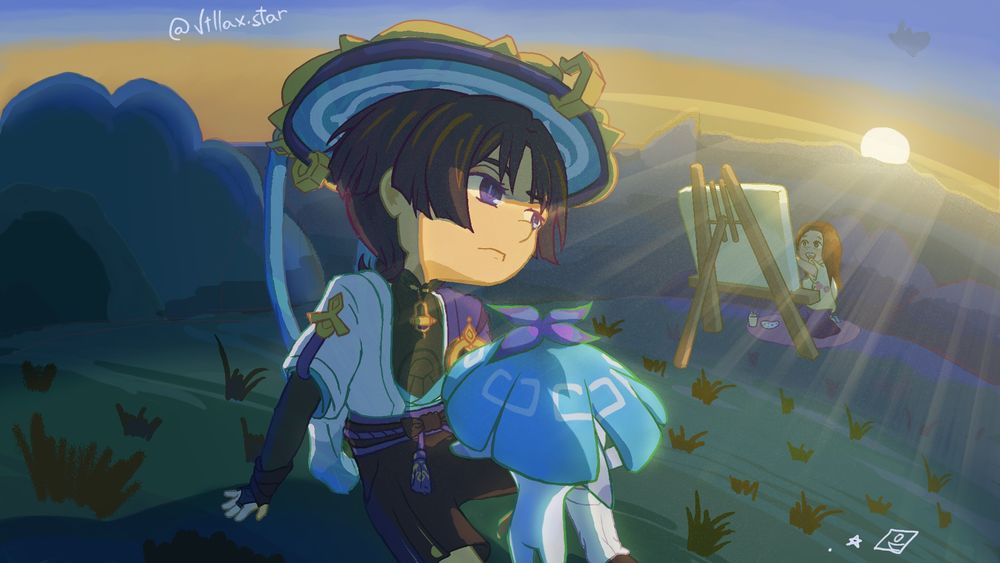 Ilustracion Fanart de Wanderer (Trotamundos: Genshin Impact) junto al aranara Ararycan viendo como Niña pequeña lo pinta en un lienzo a lo lejos.