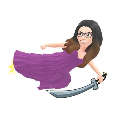 My femme bitmoji in a purple dress leaping with a sword.