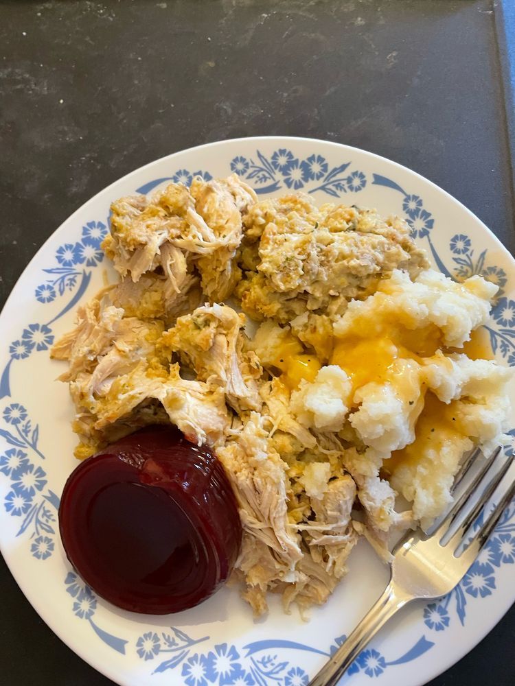 Chicken, potatoes, cranberry sauce, stuffing