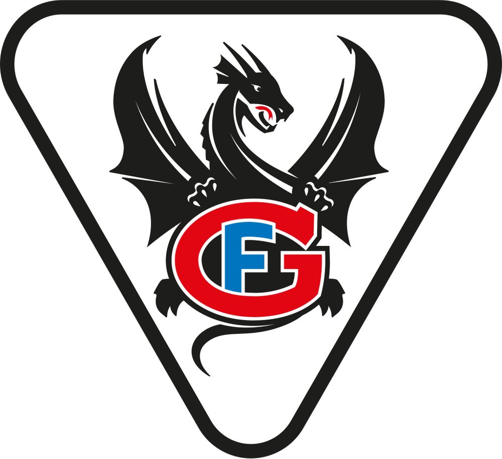 HC Fribourg-Gottéron logo of a white triangle trimmed in black with a black dragon holding a red G with a blue F in it. 