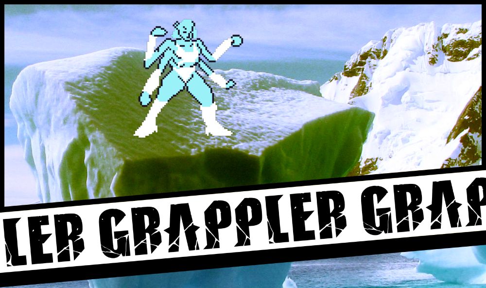 Pixel art of a four-armed polar bear woman stands on top a stylized iceberg. A banner running across the bottom reads "GRAPPLER" over and over again.