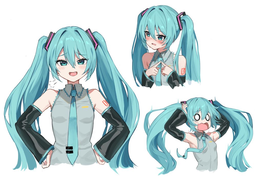 3 different poses of hatsune miku, one smug and confident, the other embarassed and the last one panicking