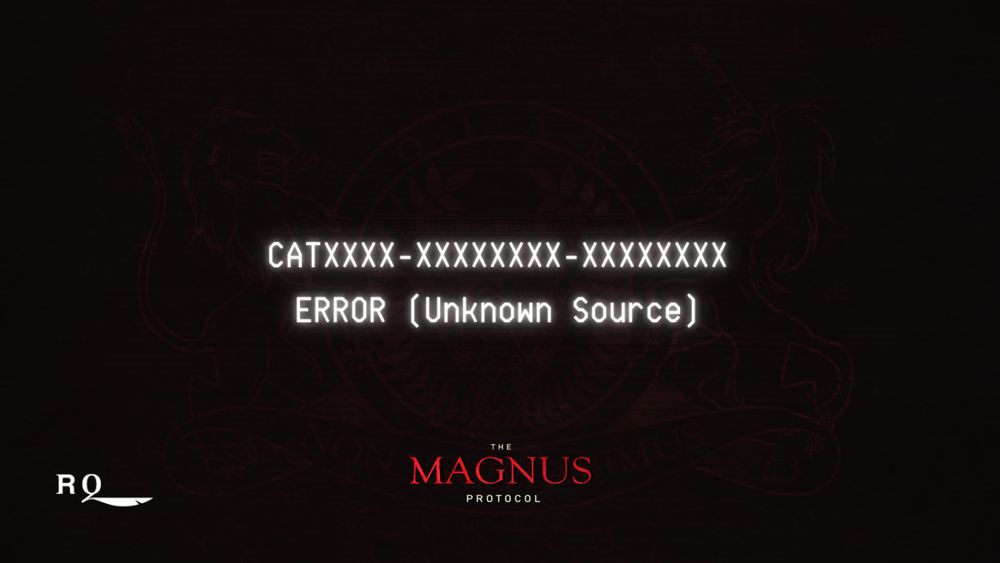 A dark red background, with distorted horizontal lines - reminiscent of old computer monitors. Faintly in the background is the OIAR crest logo. In the foreground, in a white font often seen on older computers is the case number and description: CATXXXX-XXXXXXXX-XXXXXXXX
ERROR (Unknown Source)