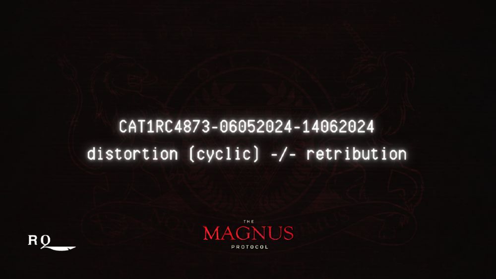 A dark red background, with distorted horizontal lines - reminiscent of old computer monitors. Faintly in the background is the OIAR crest logo. In the foreground, in a white font often seen on older computers is the case number and description: CAT1RC4873-06052024-14062024
distortion (cyclic) -/- retribution