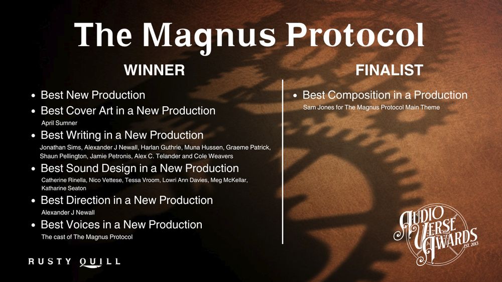 Audio Verse Awards - list of wins.
The Magnus Protocol
Winner:
Best New Production, Best Cover Art in a New Production (April Sumner), Best Writing in a New Production, (Jonathan Sims, Alexander J Newall, Harlan Guthrie, Muna Hussen, Graeme Patrick, Shaun Pellington, Jamie Petronis, Alex C. Telander, and Cole Weavers), Best Sound Design in a New Production (Catherine Rinella, Nico Vettese, Tessa Vroom, Lowri Ann Davies, Meg McKellar, and Katharine Seaton), Best Direction in a New Production (Alexander J Newall), Best Voices in a New Production (the cast of The Magnus Protocol)
Finalist: 
Best Composition in a Production (Sam Jones for The Magnus Protocol Main Theme)