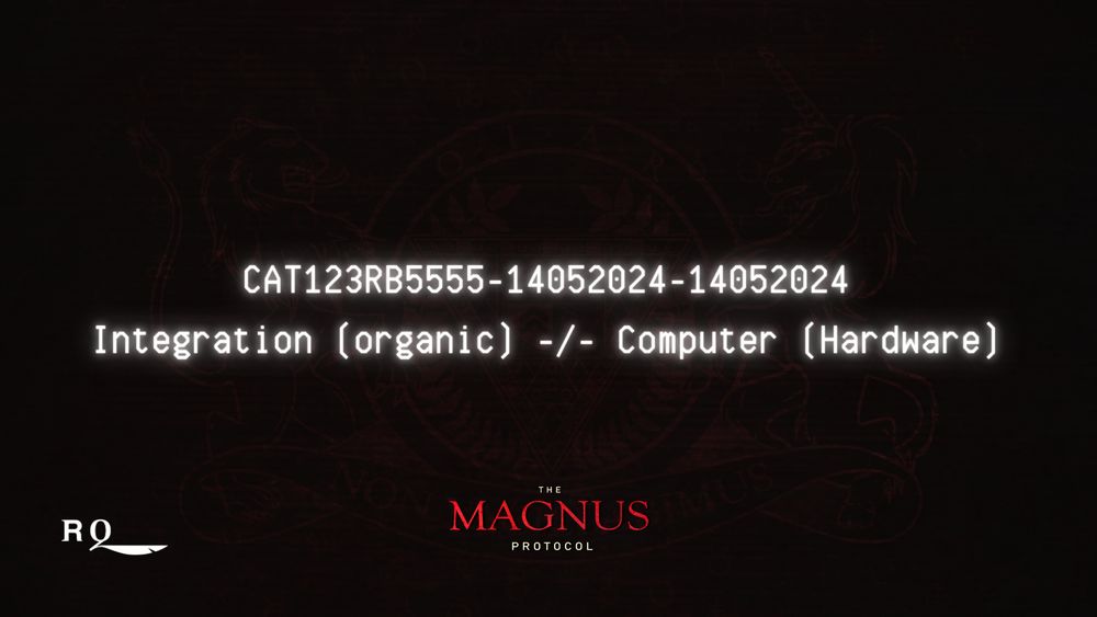A dark red background, with distorted horizontal lines - reminiscent of old computer monitors. Faintly in the background is the OIAR crest logo. In the foreground, in a white font often seen on older computers is the case number and description: "CAT123RB5555-14052024-14052024
Integration (organic) -/- Computer (Hardware)".