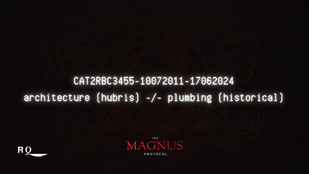 A dark red background, with distorted horizontal lines - reminiscent of old computer monitors. Faintly in the background is the OIAR crest logo. In the foreground, in a white font often seen on older computers is the case number and description: CAT2RBC3455-10072011-17062024 architecture (hubris) -/- plumbing (historical)