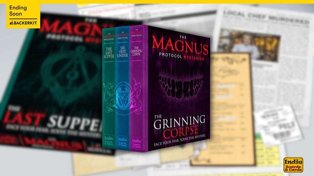 The background is a blurred mock-up of the contents of the game box: a pile of papers including newspaper clippings, a menu, receipts and more. In the foreground is a mock-up of the game box, showing three different cases: The Last Supper in a green box, Six Feet Under in a blue box and The Grinning Corpse in a purple box. Along the top is a yellow banner reading "Ending Soon: Backerkit". In the bottom right corner is the Indie Boards and Cards logo. 