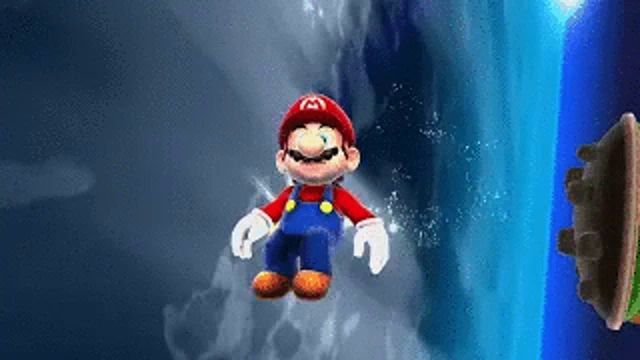 mario is flying through the air in a video game with a blue background .