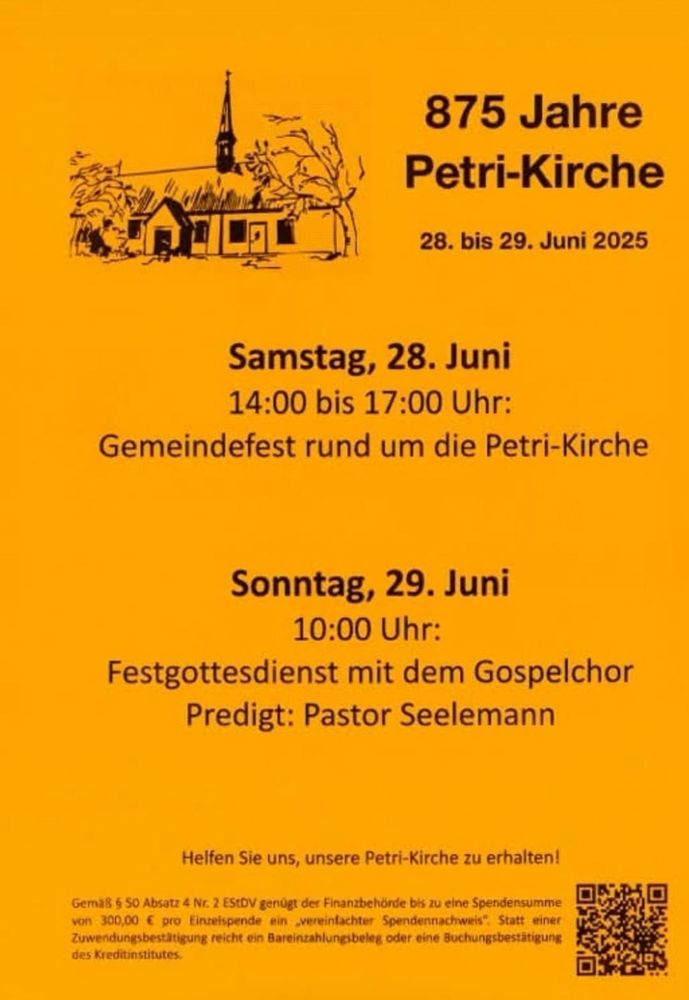 Plakat mit Einladung zum Gemeindefest in Burg Dithmarschen, am 28./29.6.
Die Petri Kirche ist 875 Jahre alt 