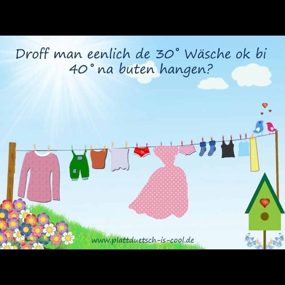 Eine Wäscheleine mit bunter Sommerkleidung. Dazu auf plattdeutsch die Frage, ob man 30° Wäsche auch bei 40° draußen aufhängen darf. Hihi