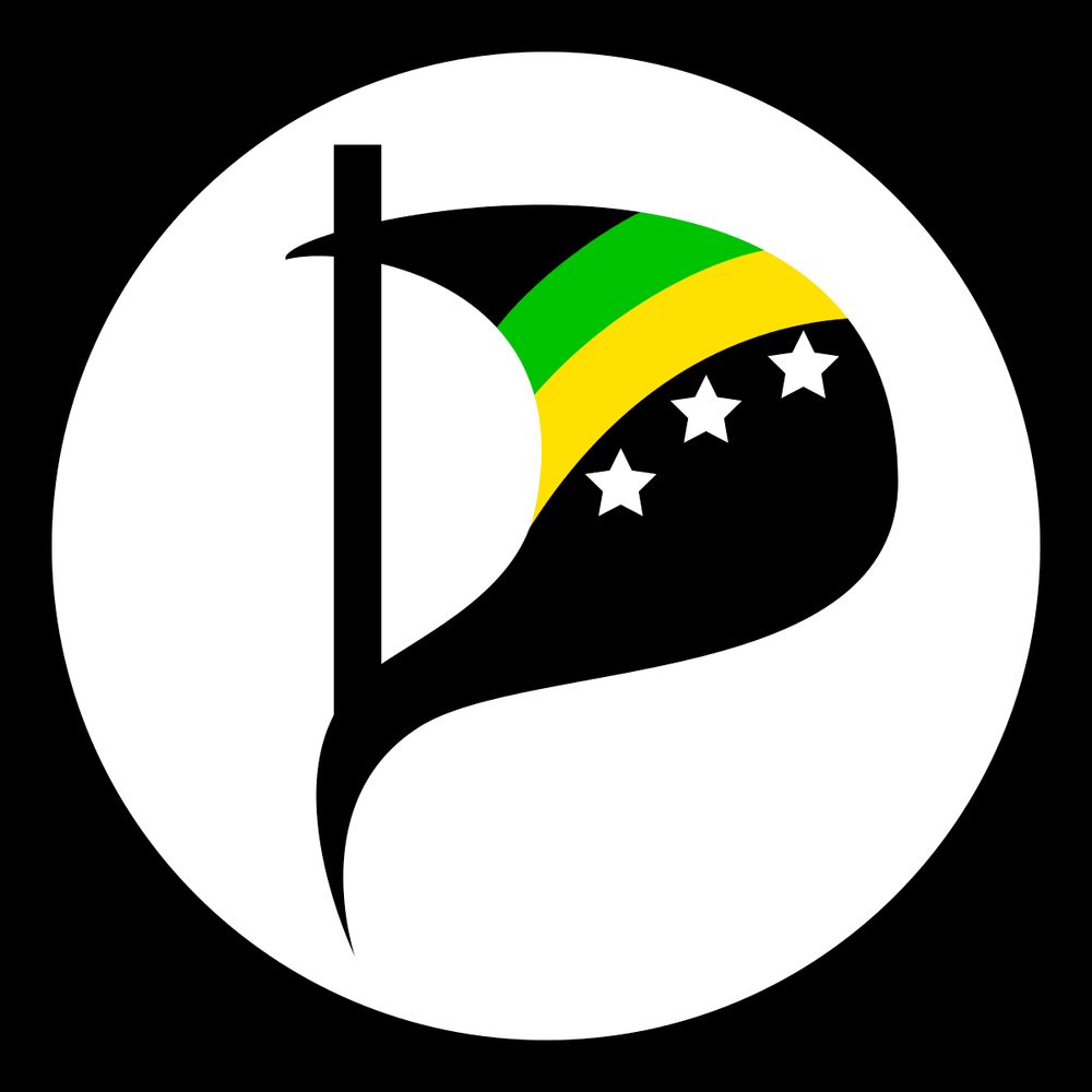  logo do partido pirata brasileiro estilizado com as cores verde, amarela, 3 estrelas brancas e contornos em preto com fundo branco
