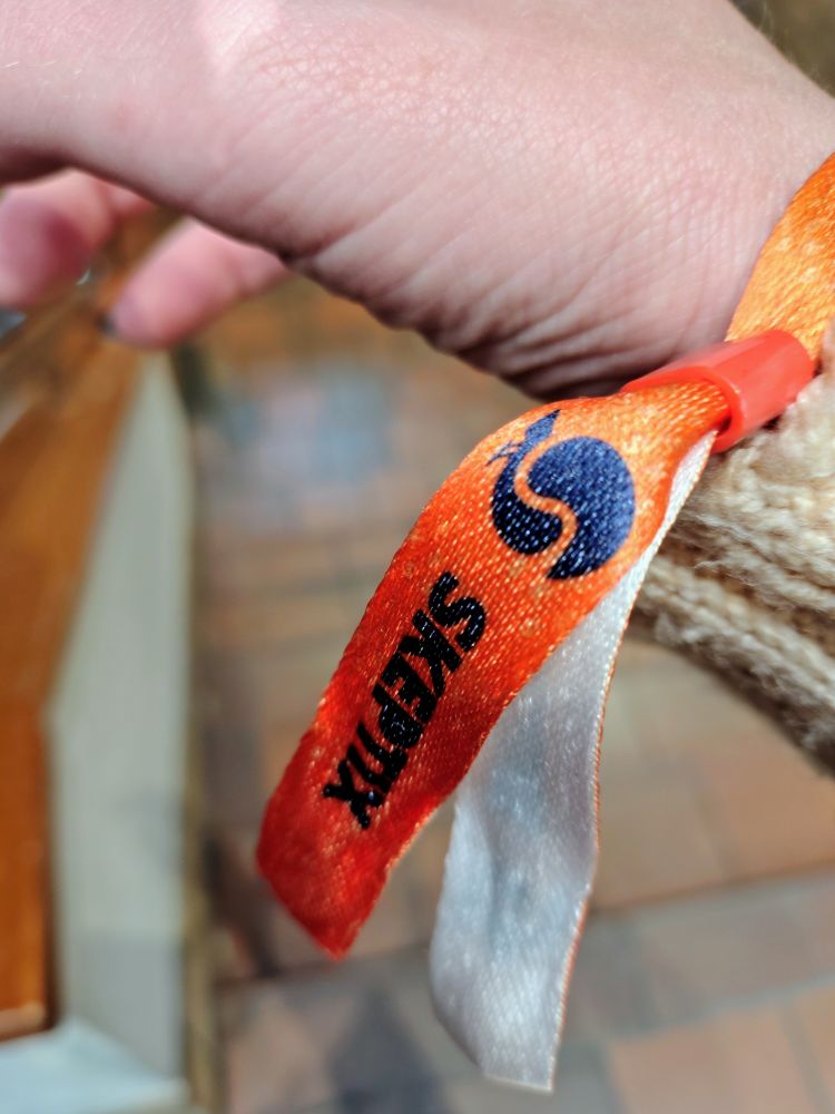 Ein Handgelenk mit orangenen Festival-Bändchen mit der Aufschrift SKEPTIX