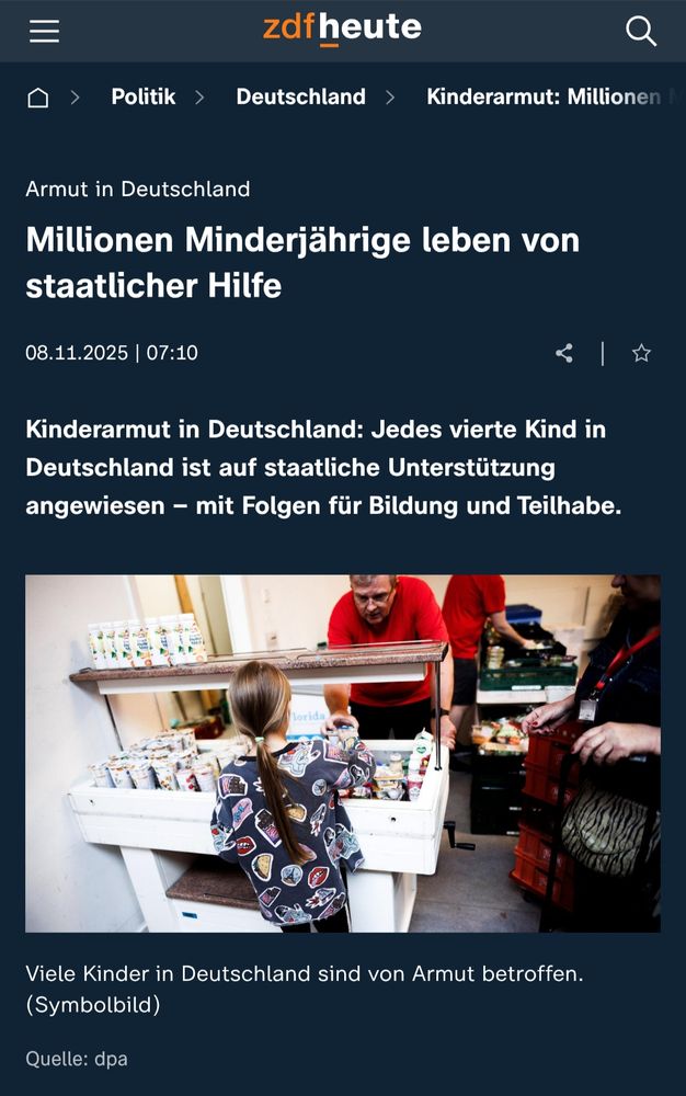 ZDF heute Artikel-Screenshot:
Armut in Deutschland - Millionen Minderjährige leben von staatlicher Hilfe