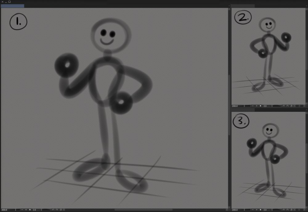 Window 1: The main area I zoom in and zoom out of when drawing.

Window 2: Flipped full view of the drawing. Allows to do fixes to any "flip the canvas" errors.

Window 3: The unflipped full view of the image and it's also used for refs.
