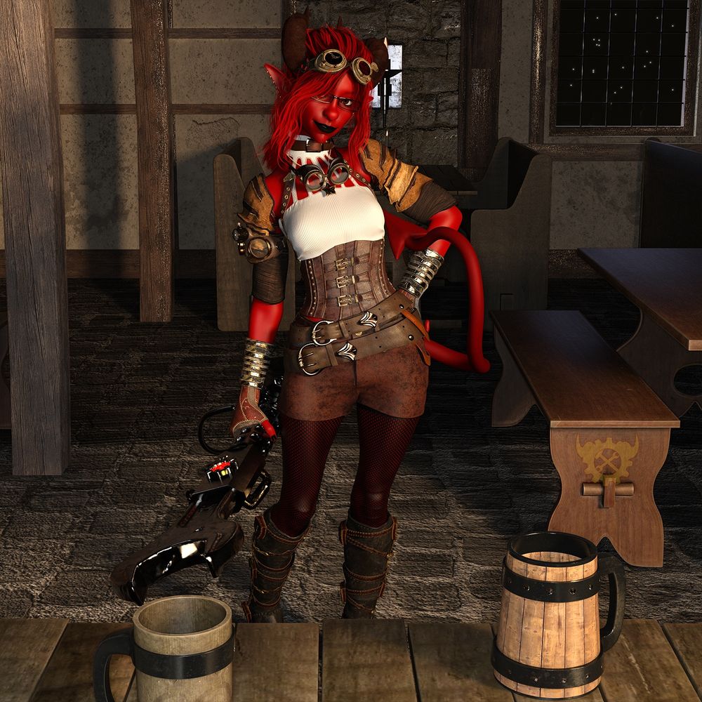 3d artwork depicting a scene in a medieval/fantasy tavern setting.
Hespera Smith, a short, red Tiefling woman with backward curved brown horns, a long red pointed tail, red hair and glasses, is stood in a casual stance, holding a very large and intricate wrench. She is dressed in a complex, steampunk inspired outfit featuring 3 sets of goggles, a corset, shoulder guards and multiple belts.