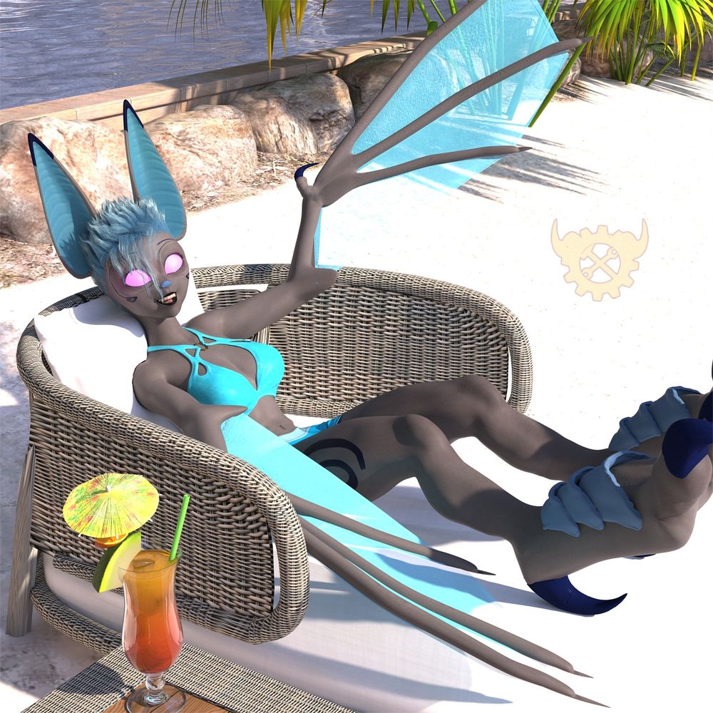 3d artwork showing Vanth, an anthro bat character, relaxing on a lounger at the beach. She is smiling and has one of her wings/arms raised. To her side is a table with a colourful cocktail with fruit, straw and paper umbrella in it. 