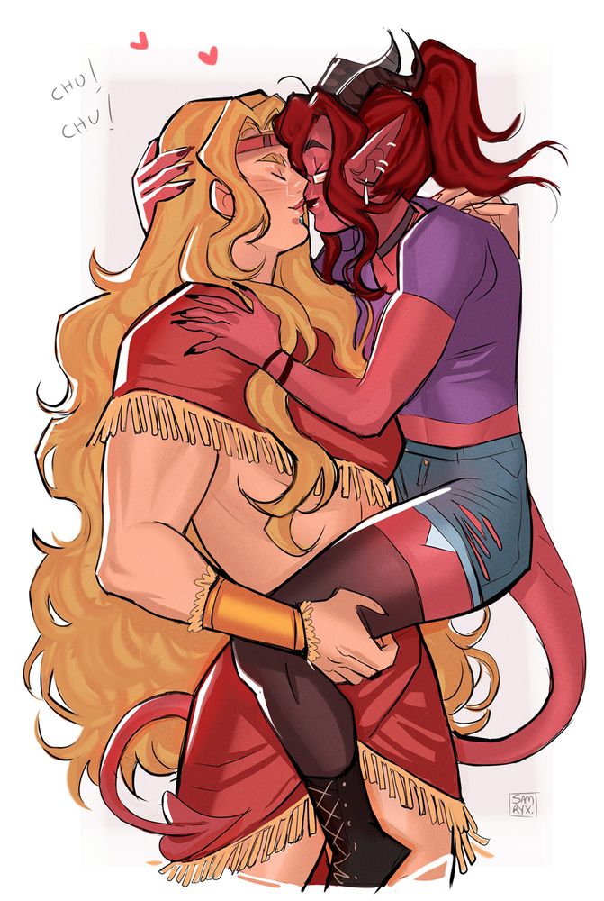 Artwork of Hespera Smith being picked up and kissed by Quetzalcoatl from FGO.